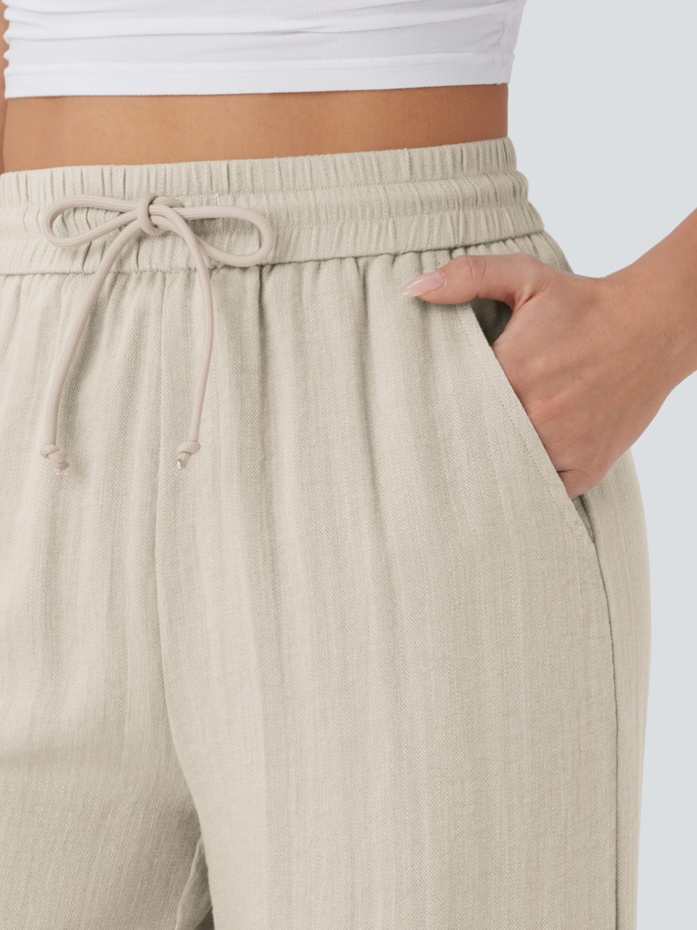 HALARA High Waisted Drawstring Pocket Wide Leg Baggy Casual Linen-Feel Pants - Picture 4 of 5